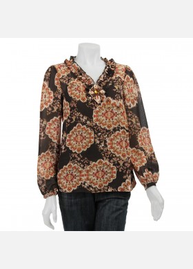 August Silk Medallion Print Sheer Blouse